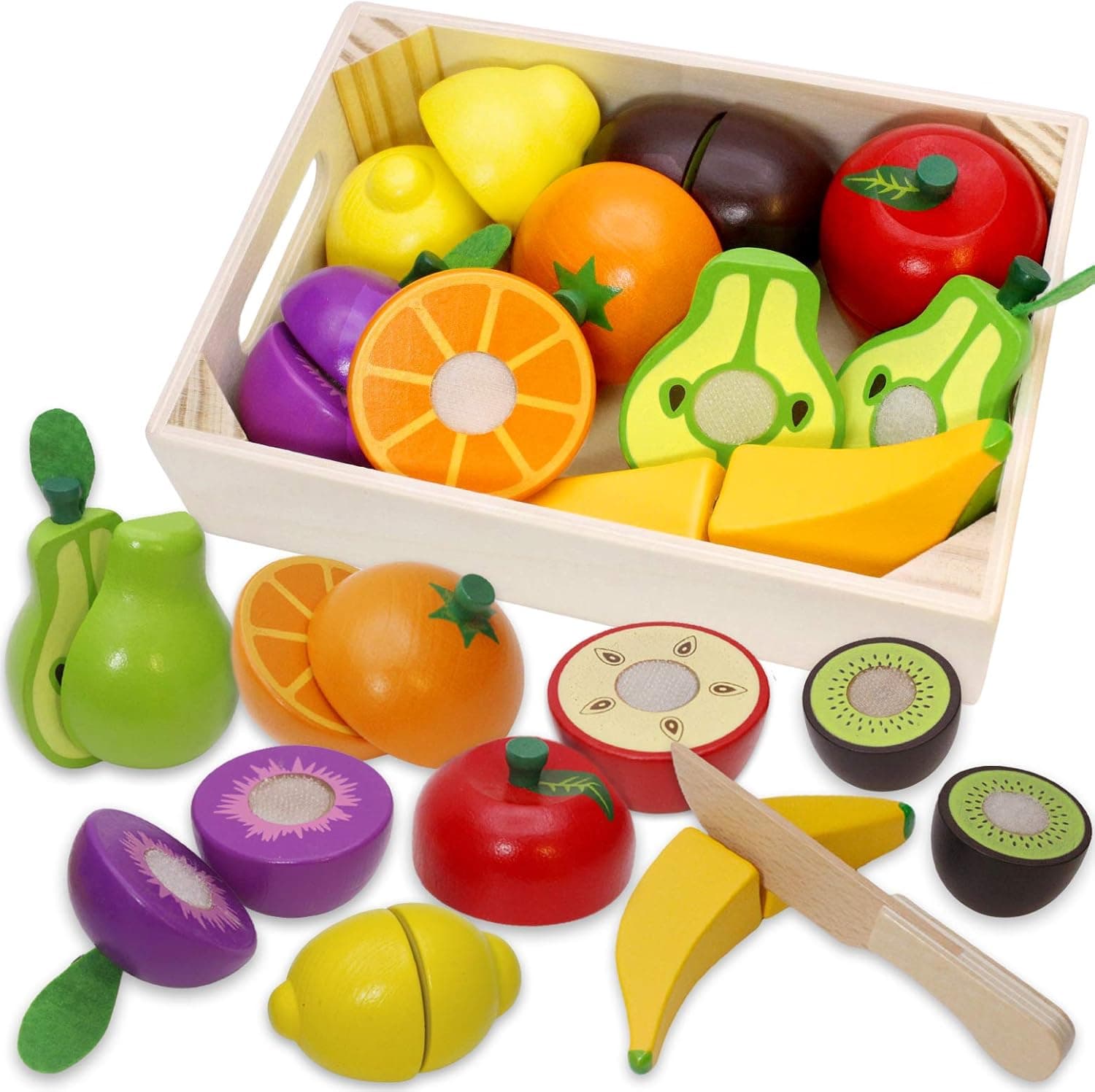 Wooden Play Food for Kids Kitchen Cutting Fruits Toys 2 3 4 Year Old