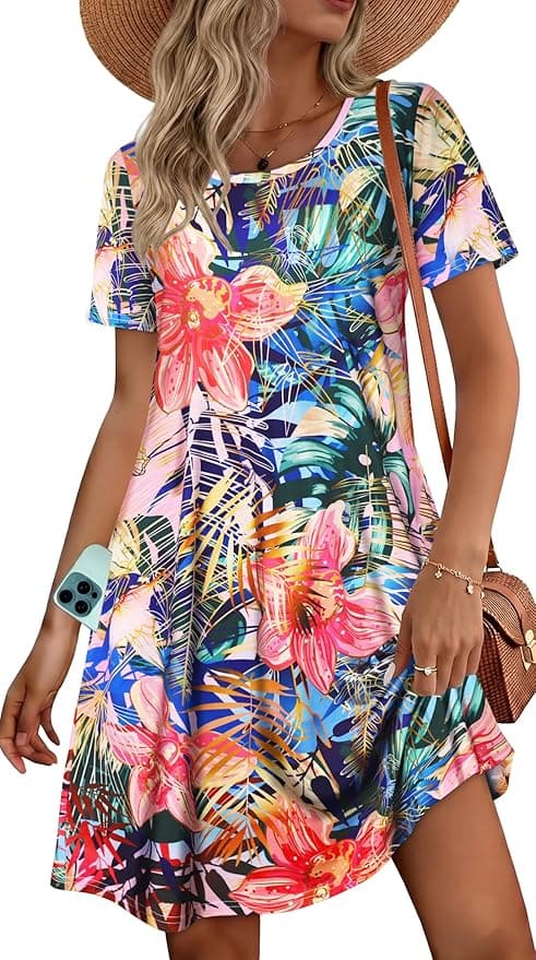 elescat Womens Summer Dresses Casual Loose Tshirt Floral Pockets Sundress