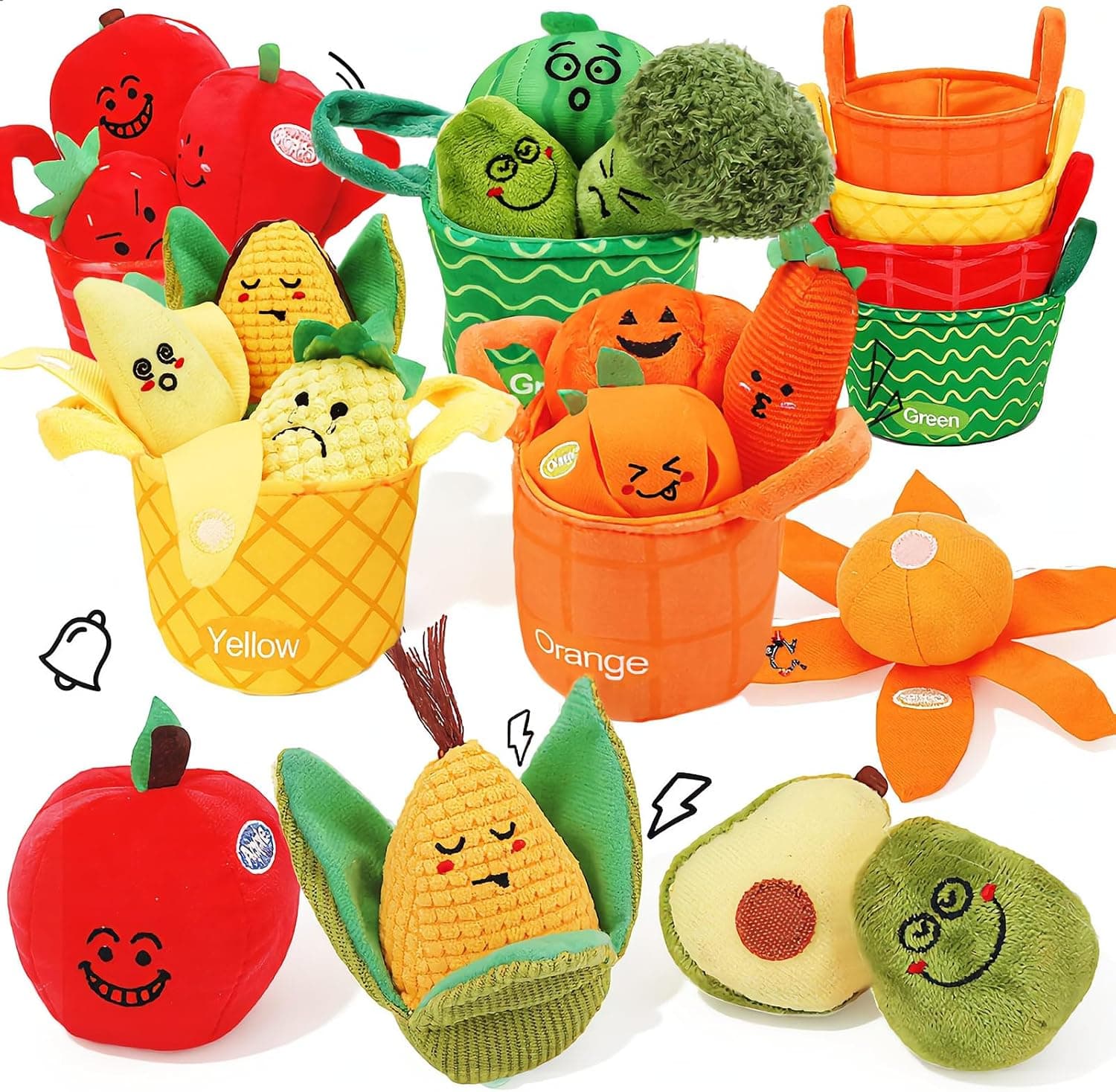 Fruit Vegetable Sensory Toys for Baby 6-12 Months - 16Pcs Plush Sorting Set Perfect for Little Hands to Grasp With Cute Faces, Bright Color Food Crinkle & Rattle, Birthday Gift for 1 Year Old Boy Girl