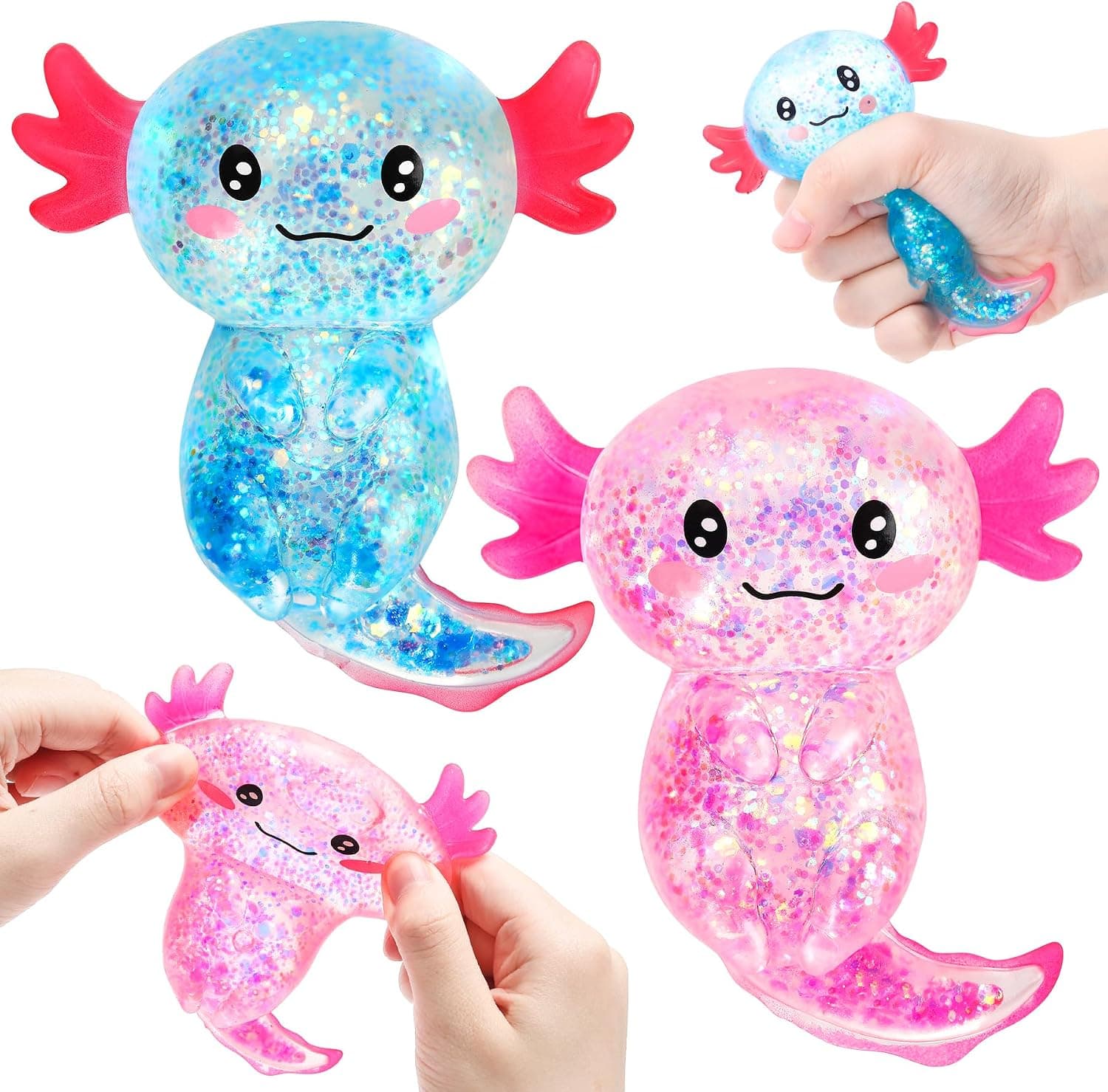 2Pcs Glitter Axolotl Squishy, Slow Rising Squeeze Toy, Malt Sugar Glitter Axolotl Fidget Toy for Stress Relief for Kids Adults,Birthday Party Favors, Children's Day Gifts
