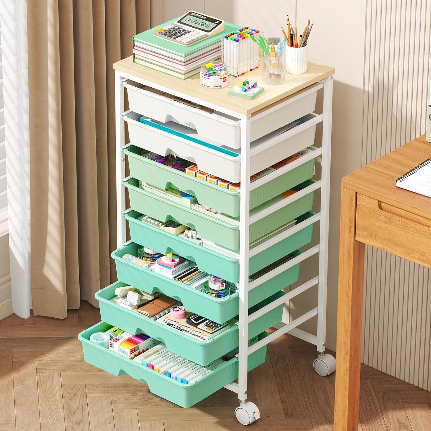 Rolling Cart with 8 Drawers for Art, Dorm, Office, Craft, Green